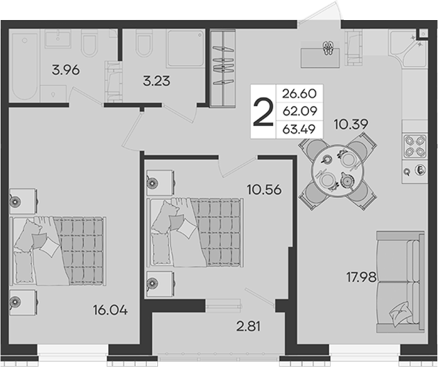 2-комн., 62.08 м², 17/18 этаж, ЖК «Дом 101»