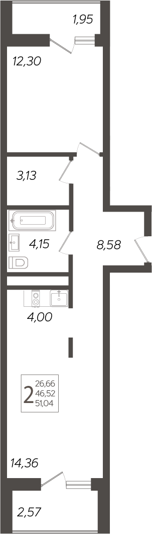 2-комн., 46.52 м², 12/19 этаж, ЖК «Кислород»