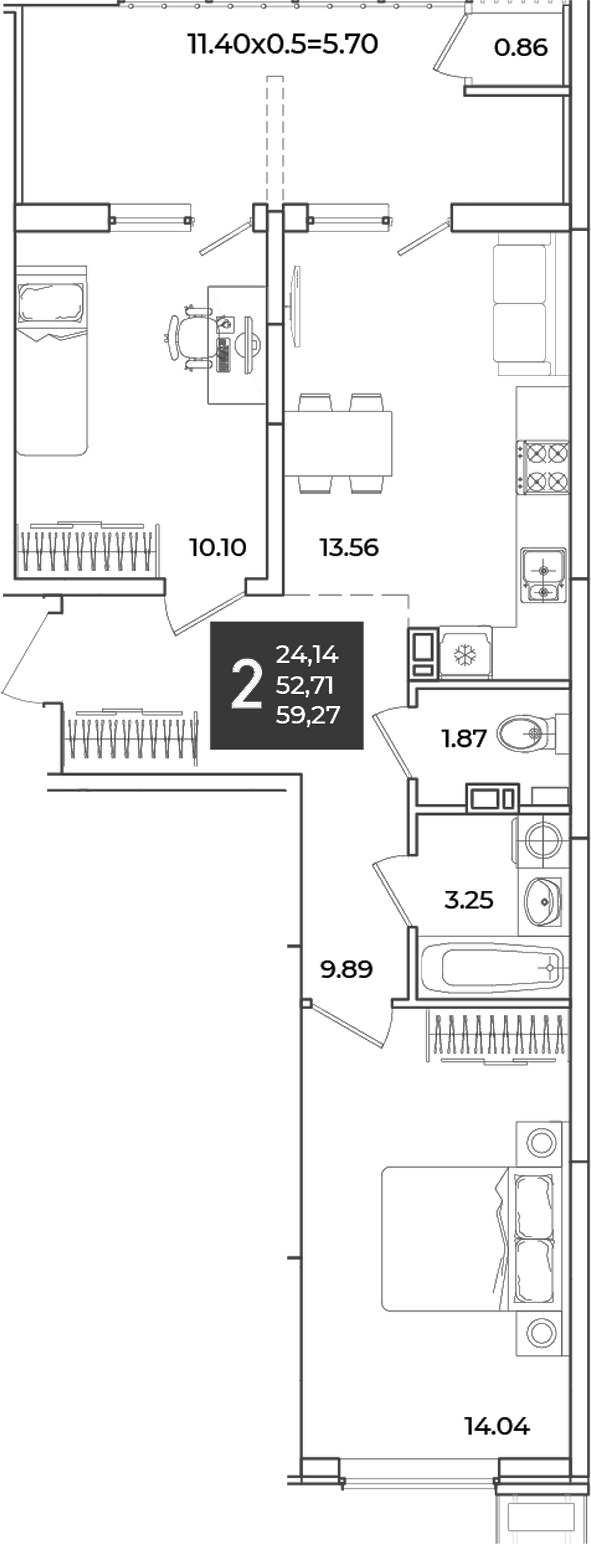 2-комн., 52.71 м², 17/18 этаж, ЖК «Образцово»