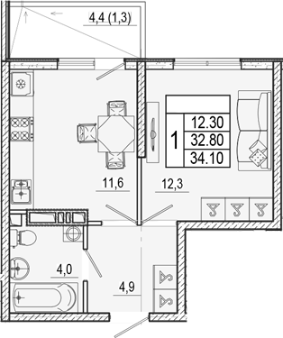 1-комн., 32.8 м², 10/17 этаж, ЖК «Лестория»