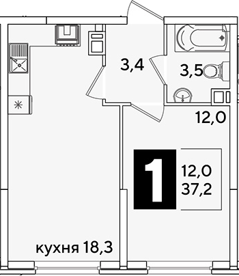2-комн., 37.2 м², 5/16 этаж, ЖК «Самолет»