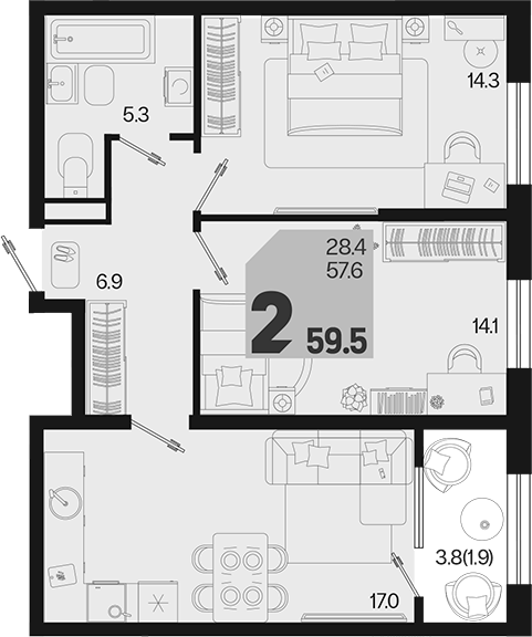 2-комн., 57.6 м², 2/18 этаж, ЖК «Первое место»