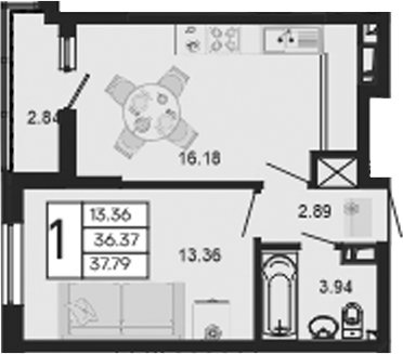 1-комн., 36.37 м², 8/9 этаж, ЖК «Дом 101»