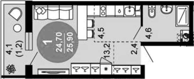 Студия, 24.7 м², 1/12 этаж, ЖК «Флора»