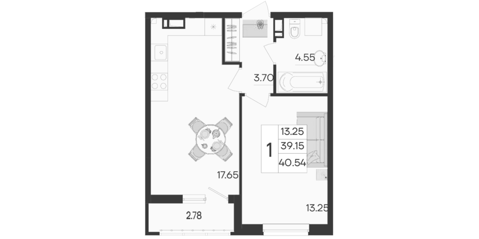 1-комн., 39.15 м², 8/9 этаж, ЖК «Дом 101»