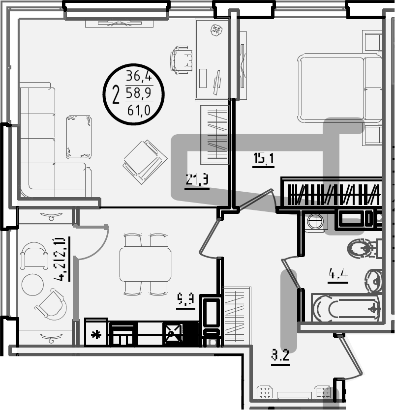 2-комн., 58.9 м², 11/18 этаж, ЖК «Первое место»
