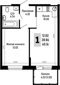 1-комн., 38.86 м², 1/4 этаж, ЖК «Усадьба Гостагаевская»