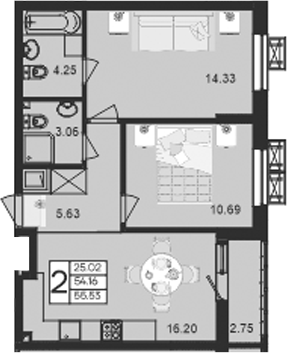 2-комн., 54.16 м², 2/9 этаж, ЖК «Дом 101»