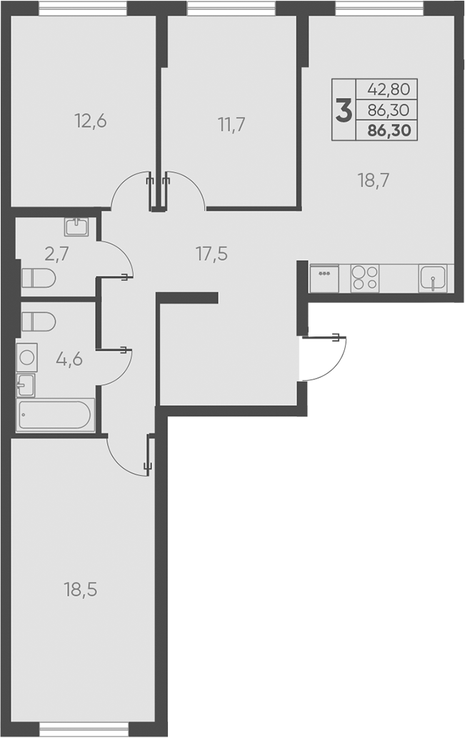 3-комн., 86.3 м², 1/15 этаж, ЖК «Барса»