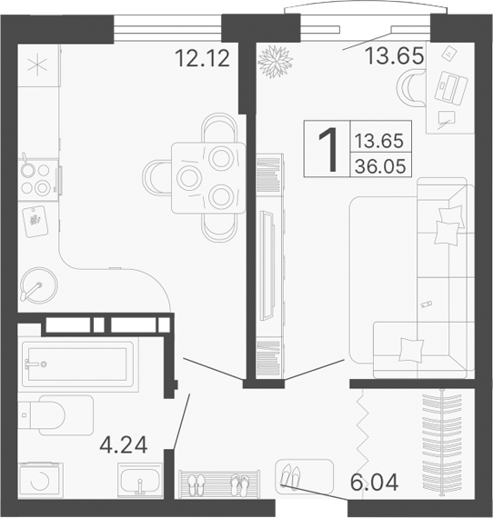 1-комн., 36.05 м², 11/14 этаж, ЖК «Светский лес»