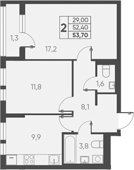 2-комн., 52.4 м², 13/15 этаж, ЖК «Барса»