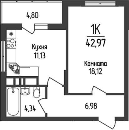 1-комн., 40.57 м², 11/18 этаж, ЖК «Кумир»