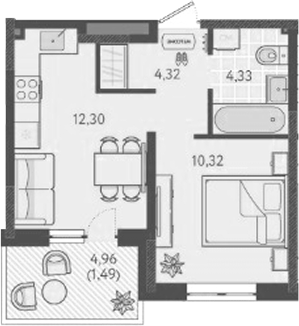 1-комн., 31.27 м², 1/9 этаж, ЖК «Теплые края»