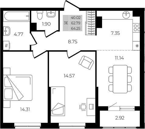 3-комн., 62.79 м², 1/8 этаж, ЖК «Курортный регион»