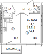 Продается 1-комн. квартира, 34.4 м²
