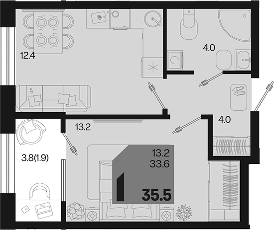 1-комн., 33.6 м², 2/9 этаж, ЖК «Первое место»