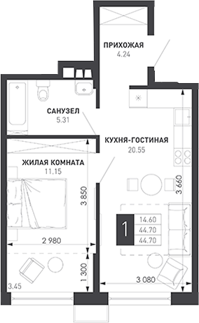 1-комн., 46.14 м², 9/9 этаж, ЖК «Иначе в Молодежном»