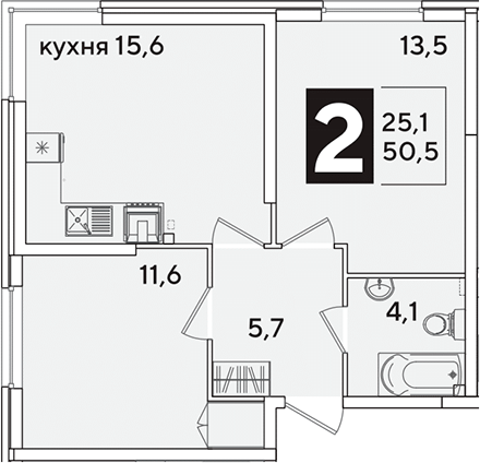 3-комн., 50.5 м², 1/16 этаж, ЖК «Самолет»