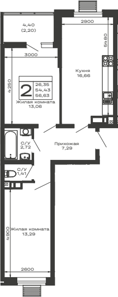 2-комн., 54.43 м², 4/14 этаж, ЖК «Долина»