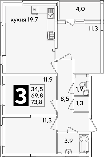 Продается 4-комн. квартира, 69.8 м²