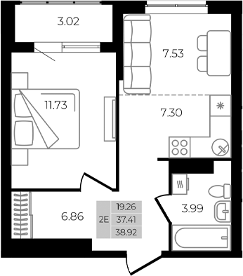 2-комн., 37.41 м², 8/8 этаж, ЖК «Курортный регион»