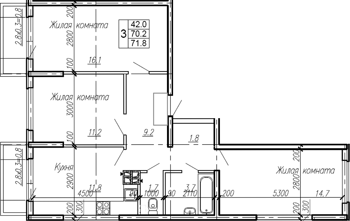 3-комн., 70.2 м², 3/4 этаж, ЖК «Эво»