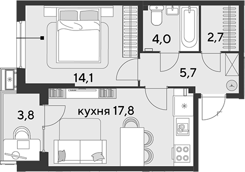 2-комн., 44.3 м², 2/9 этаж, ЖК «Парк Победы»