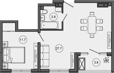 2-комн., 43.2 м², 3/10 этаж, ЖК «Гостиничный комплекс GREENMONT»