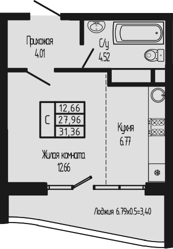 Студия, 27.96 м², 12/12 этаж, ЖК «Sun Hills Ольгинка»