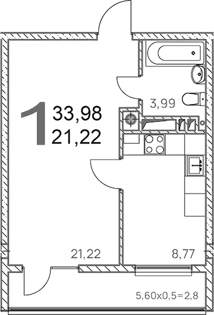 1-комн., 31.18 м², 1/9 этаж, ЖК «Две реки»
