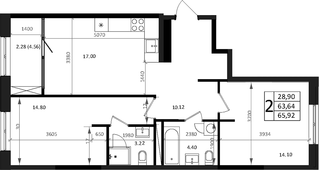 3-комн., 65.92 м², 13/16 этаж, ЖК «Патрики»