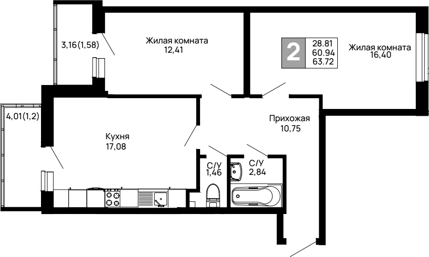 Продается 2-комн. квартира, 60.94 м²