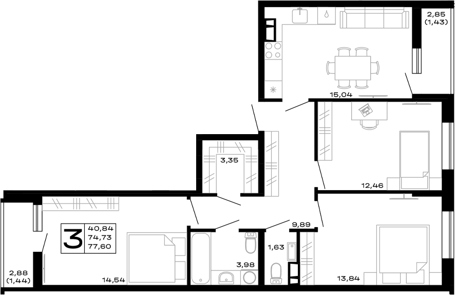 3-комн., 74.73 м², 10/14 этаж, ЖК «Горные высоты»