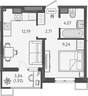1-комн., 29.21 м², 2/9 этаж, ЖК «Теплые края»