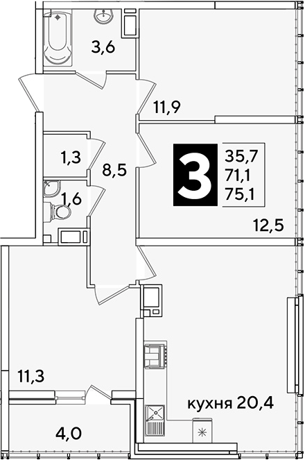 4+ комнаты, 71.1 м², 16/16 этаж, ЖК «Самолет»