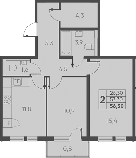 Продается 2-комн. квартира, 59.57 м²