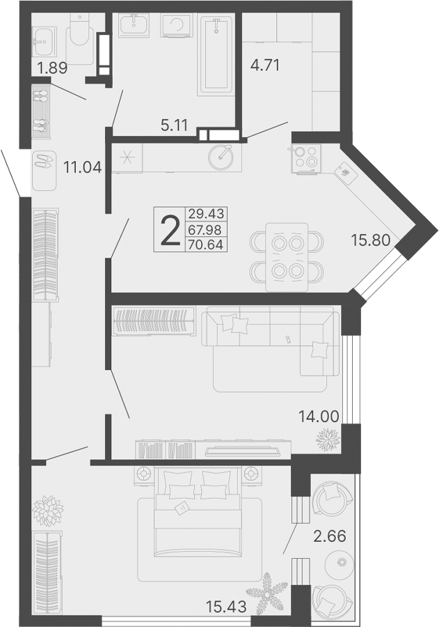 2-комн., 67.98 м², 11/17 этаж, ЖК «Светский лес»