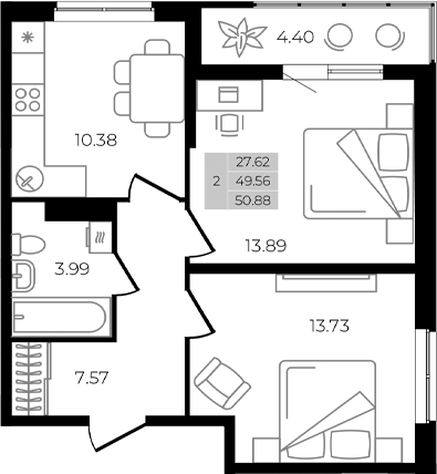 Продается 2-комн. квартира, 49.56 м²