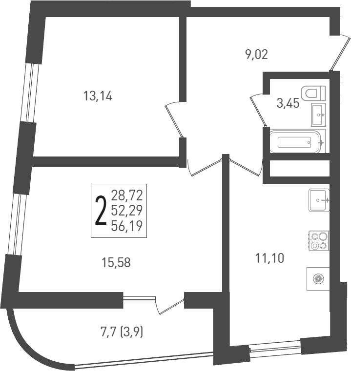 2-комн., 53.8 м², 19/24 этаж, ЖК «ЖК «Кубанская Крепость»»