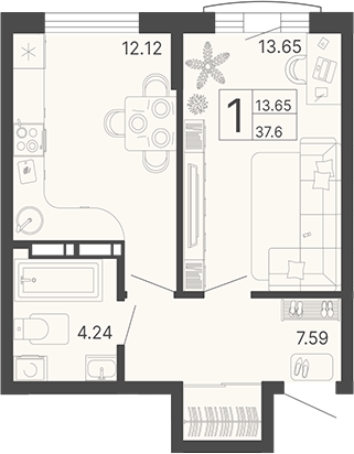 1-комн., 37.6 м², 2/11 этаж, ЖК «Светский лес»