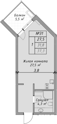 Студия, 31.8 м², 2/4 этаж, ЖК «Оазис Азова»