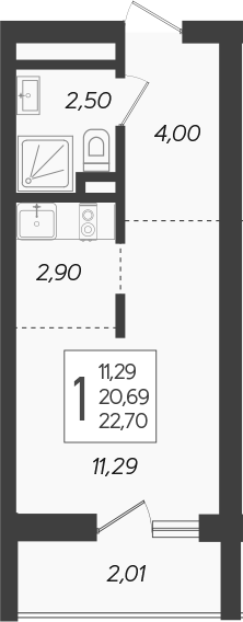 Студия, 21.69 м², 19/19 этаж, ЖК «Кислород»