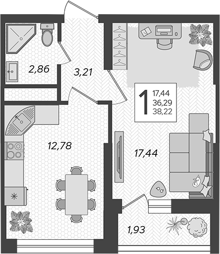1-комн., 36.29 м², 13/19 этаж, ЖК «Кислород»