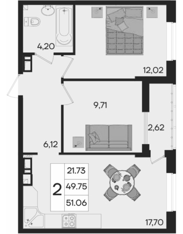 2-комн., 49.75 м², 6/9 этаж, ЖК «Дом 101»