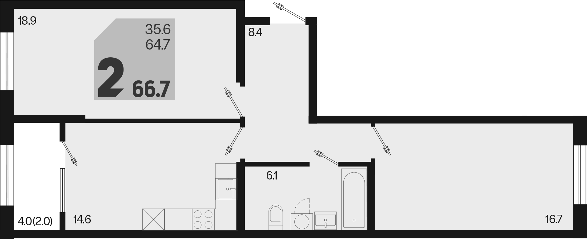 2-комн., 64.7 м², 2/18 этаж, ЖК «Первое место»