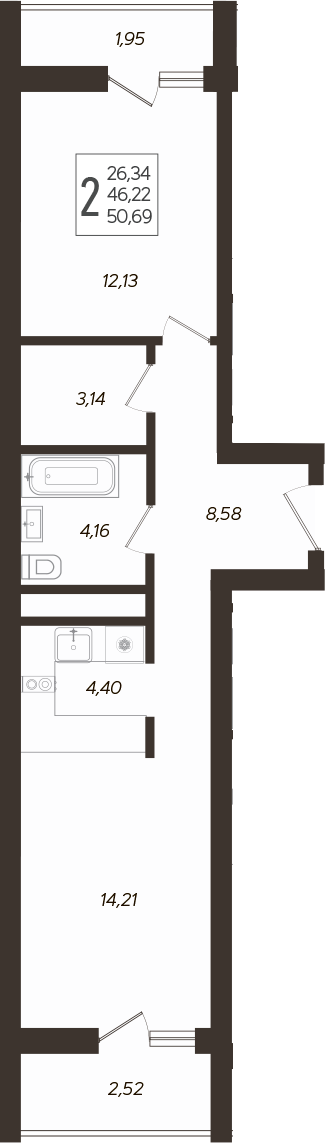 2-комн., 47.33 м², 12/19 этаж, ЖК «Кислород»