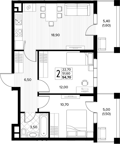 2-комн., 51.6 м², 2/7 этаж, ЖК «Кипарис»