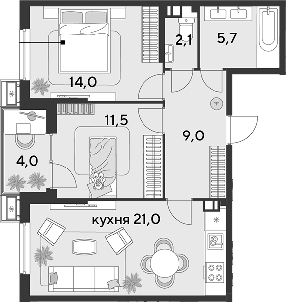 3-комн., 63.3 м², 5/9 этаж, ЖК «Парк Победы»