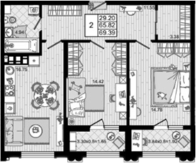 2-комн., 65.82 м², 6/8 этаж, ЖК «Резиденция морей»