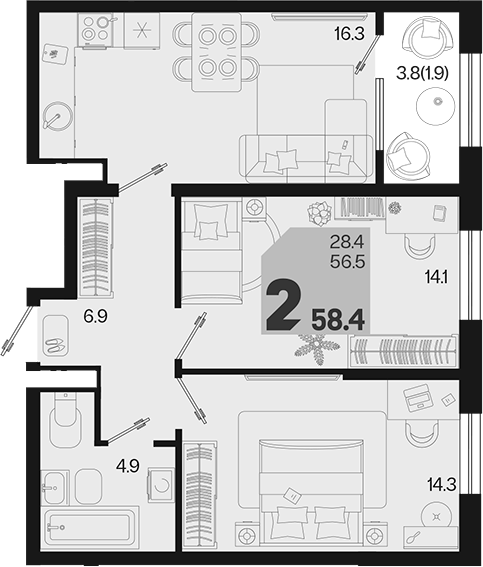 2-комн., 56.5 м², 18/18 этаж, ЖК «Первое место»
